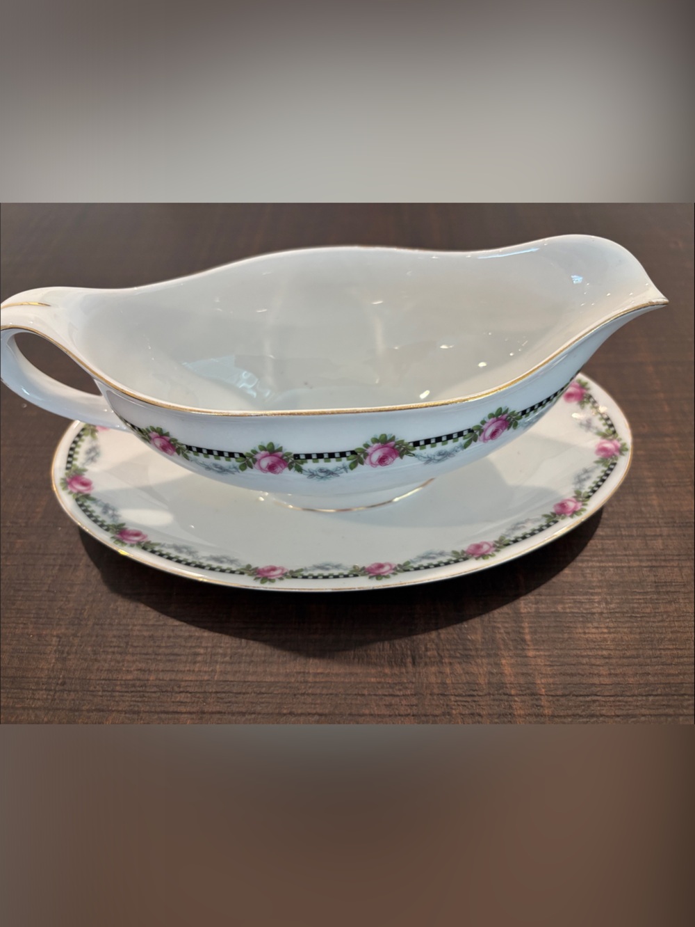 Vintage KPM Germany Porcelain Gravy Boat with Attached Underplate